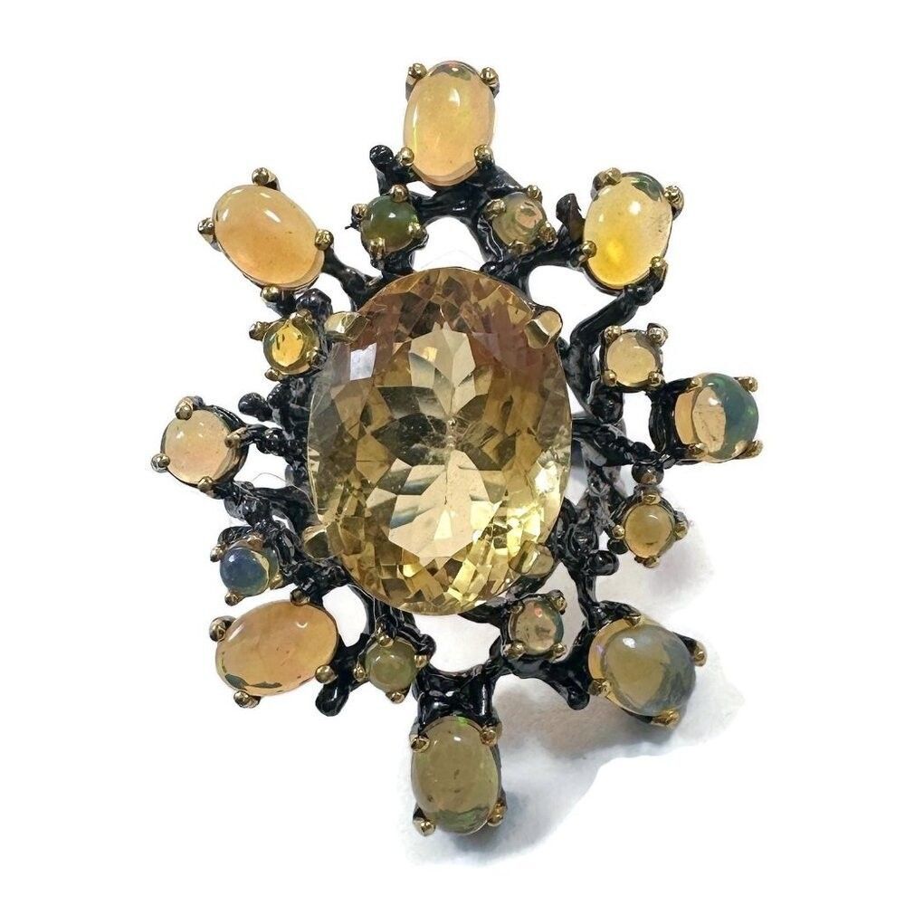 Brutalist Sterling Silver Citrine Ring: Natural Fire Opal Accents, Size 8